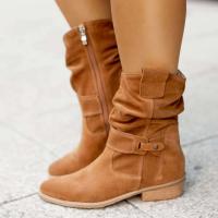 Western cowboy 2025 tobillo tacón bajo gamuza hebilla de metal cremallera lateral botas cortas zapatos de mujer - details 2