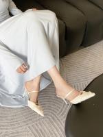 Nuevo temperamento puntiagudo rosa bolsa cabeza media zapatillas mujer malla encaje stiletto tacones altos - details 4