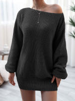 Vestido de suéter suelto de manga larga con cuello oblicuo para mujer, Mini Vestidos de punto casuales, Color sólido, Otoño e Invierno - details 16