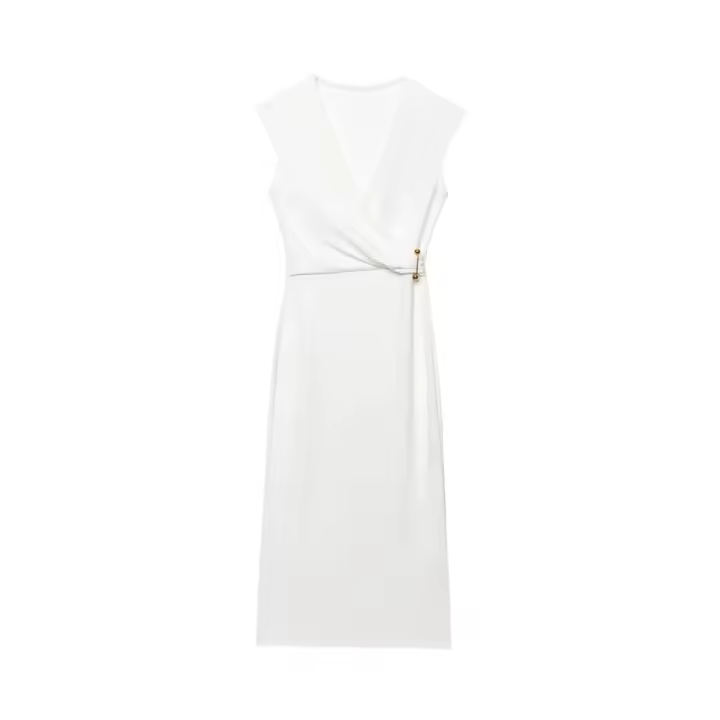 2025pin-Vestido recto sin mangas sencillo con cuello en V decorado, vestido blanco pequeño, novedad de verano, ropa de mujer - 1