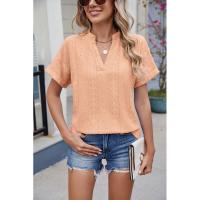 BUNO-2025 Blusas informales para mujer, camisas holgadas de manga corta con cuello de pico de Jacquard bordado a la moda, Tops elegantes de colores sólidos para verano - details 14