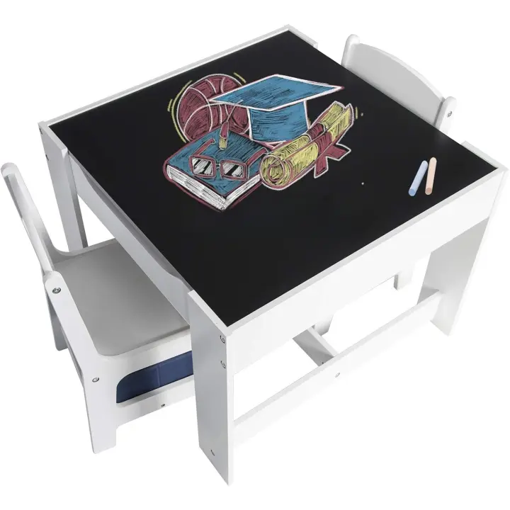 Juego de Mesa y 2 Sillas Infantiles Grupo de Asientos para Niños Muebles de Madera y MDF para Niños con Espacio de Almacenamiento Gris + Blanco 0001ETZY - 1