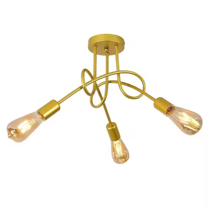 Plafón de Techo Metal Industrial Dorado Con 3 Cabezales, E27 sin Bombilla, 40*40*30 CM,  Ideal para Comedor - 1