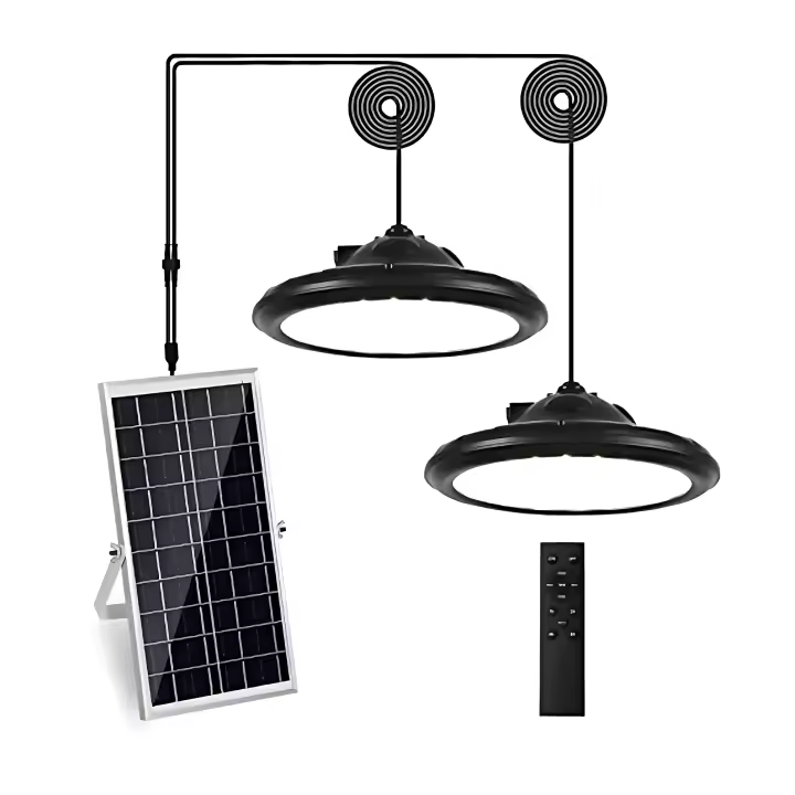 LED Lámpara Colgante Solar Exterior IP65 GOECO, 2 LED Paneles, 3000-3200K＆5000-5500K, Sensor Solar, Con Control Remoto＆ Carga USB, Iluminación Exterior para Camping, Fiesta al Aire Libre - 1