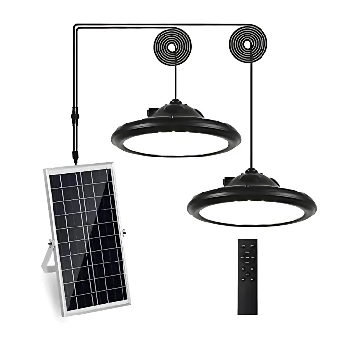 LED Lámpara Colgante Solar Exterior IP65 GOECO, 2 LED Paneles, 3000-3200K＆5000-5500K, Sensor Solar, Con Control Remoto＆ Carga USB, Iluminación Exterior para Camping, Fiesta al Aire Libre - 1