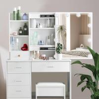 Tocador De Maquillaje con Espejo y 10 Bombillas Led Luz Regulable, Tocador Blanco con Brillo Ajustable, Tocador De Dormitorio con Taburete 6 Cajones, 3 Estantes y 3 Estantes Ocultos - details 12