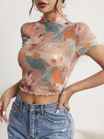 Nueva camiseta de manga corta elegante con estampado de malla, camisetas de manga corta con ribete de oreja de madera para mujeres - details 14