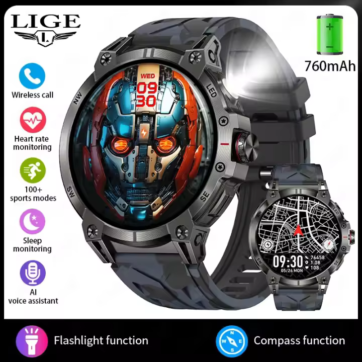 Reloj inteligente militar LIGE para hombre, Batería grande de 760mAh, linterna LED, brújula, pantalla HD de 1,8 ", frecuencia cardíaca, resistente al agua, llamada BT, reloj inteligente - 1