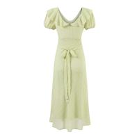 Vacaciones francesas con cuello en V, borde de volantes, vestido de manga corta con cintura y delgado, el vestido morado suave es versátil - details 12