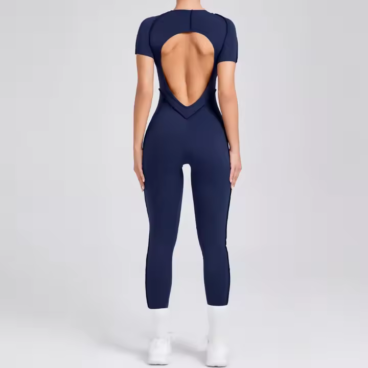 Ropa de Yoga de manga corta ajustada de Color sólido, pantalón largo Sexy con espalda descubierta, mono para entrenamiento de gimnasio, ropa deportiva de secado rápido de una pieza para Fitness - 1