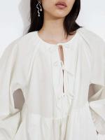 Vestido midi de verano elegante de manga larga con cuello redondo y lazo en la parte delantera A-e para mujer - details 7