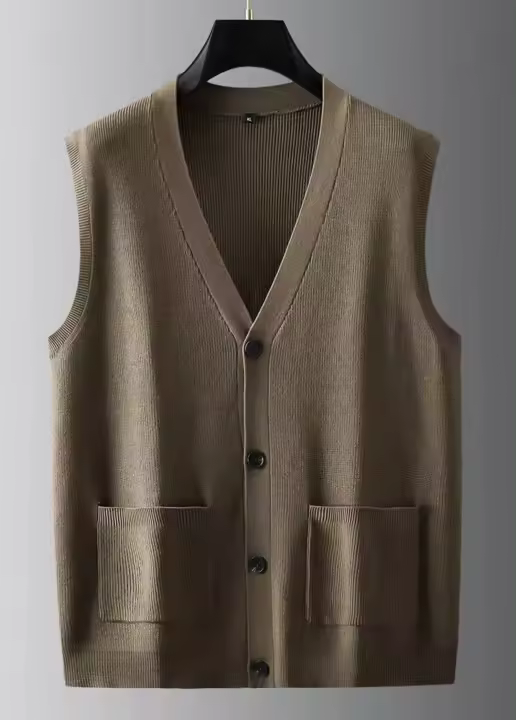 Suéter tejido grande para hombre, cárdigan, chaleco, otoño invierno, suéter grueso suelto, estilo casual, cuello en V, sin mangas. - 1