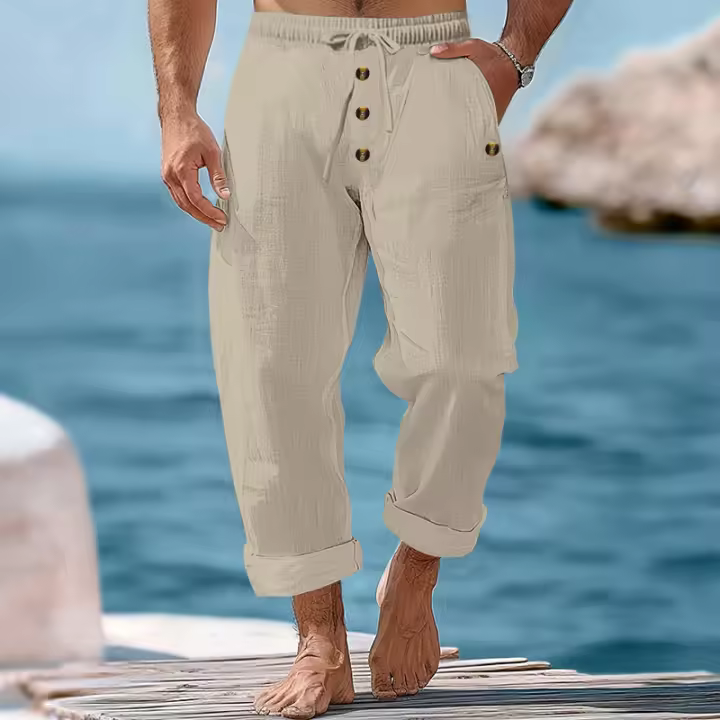 Pantalones de pierna recta con botones y cordón sueltos de lino de color sólido informales para hombre de primavera y otoño - 1