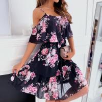 Vestido corto con volantes y tirantes finos para mujer, minivestido de manga corta con hombros descubiertos para playa - details 3