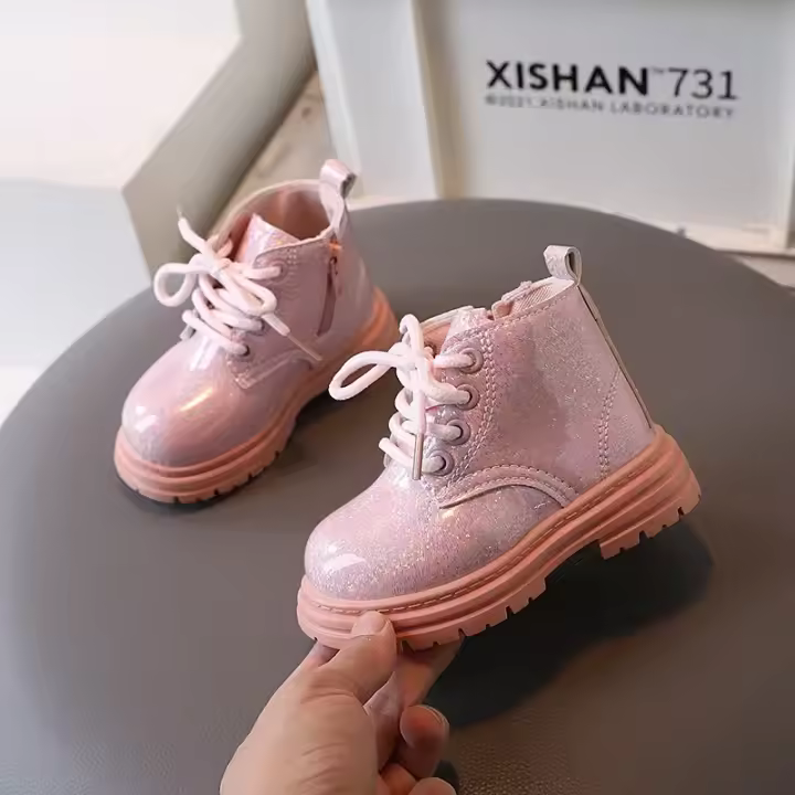 Botas de cuero para niñas, tobillo corto transpirable de estilo coreano a la moda, sin cremallera, con parte inferior gruesa - 1