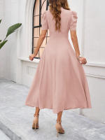 Primavera Verano elegante cintura con cuello en V Color sólido vestido de manga corta moda mujer - details 26