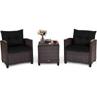 Conjunto de jardín exterior de ratán de 3 piezas, 1 mesa auxiliar de vidrio templado y 2 sillas con cojines, muebles de jardín terraza balcón exterior (negro) - details 0