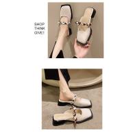 Francés grueso tacón bolsa cabeza zapatillas mujer verano desgaste 2025 nuevo tacón medio cabeza cuadrada media arrastre con falda perezoso muller zapatos - details 8