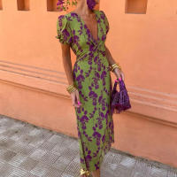 Vestido de manga corta con cuello en V, ajustado, elegante y largo con estampado de bloques de color de moda para mujer, primavera 2025 - details 3