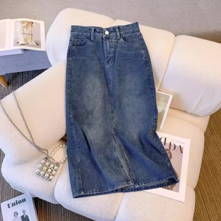 Falda vaquera de longitud media para mujer, falda acampanada por encima de la rodilla, Vintage, elegante, con abertura lateral, cintura alta, verano 2024 - 1