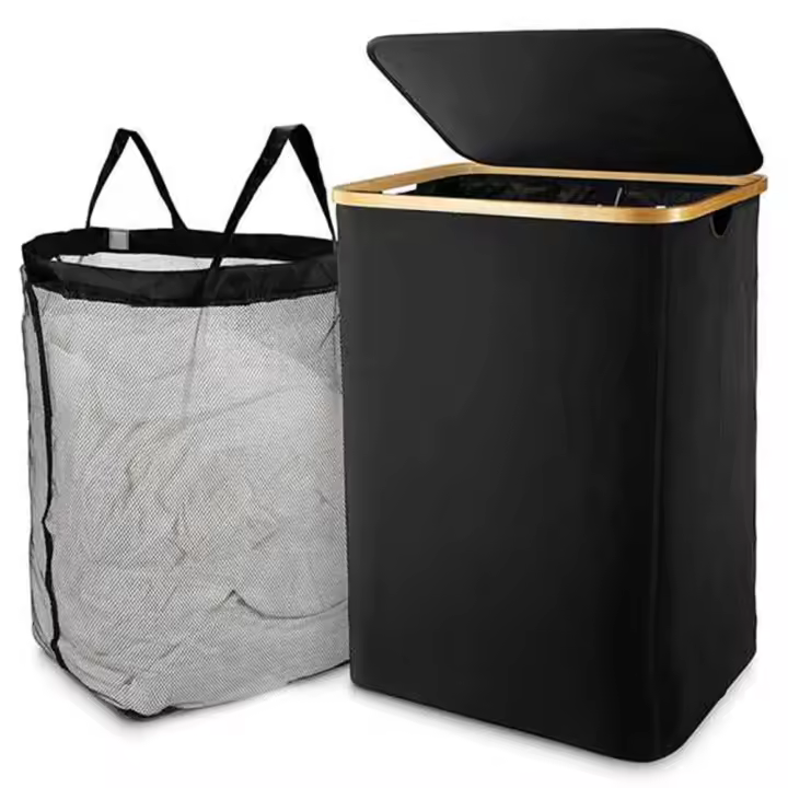 Cesta de lavandería negra con tapa, bolsa de lavandería extraíble, clasificador de ropa sucia para baño y dormitorio - 1
