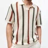 Suéter de punto de manga corta para hombre, camiseta de negocios ajustada con contraste de Color a rayas huecas - details 1