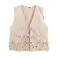 ZOCI- novedad de verano, camiseta sin mangas de mezcla de lino con bordado hueco resistente a la moda para mujer - details 9