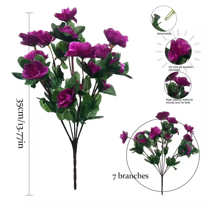 Flores de rododendro artificiales realistas, 2 uds., 35cm, 7 ramas, ramo de Azalea Artificial de seda, flores falsas para interior/exterior - 1