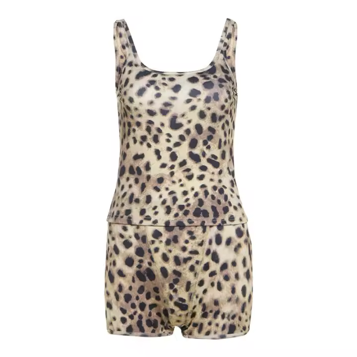 BUNO-Conjunto informal de 2 piezas de gato extraño, chándal para mujer, pantalones cortos con estampado de leopardo, camisetas sin mangas y pantalones cortos de motociclista, ropa de calle de actividades a juego - 1