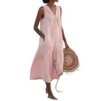 Vestido holgado informal de verano con bolsillos de lino y algodón, vestido estilo playero con cuello en V, vestido sin mangas Vintage para discoteca, vestido Midi liso para mujer - details 0