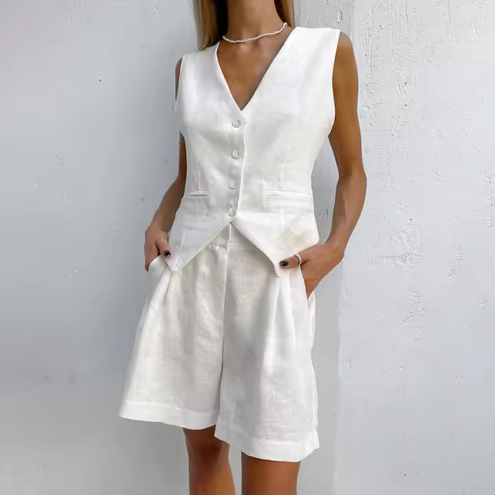 Traje de mujer, chaleco casual, chaleco corto, conjunto de dos piezas, lino, sin mangas, cuello en V, corto, abotonado - 1