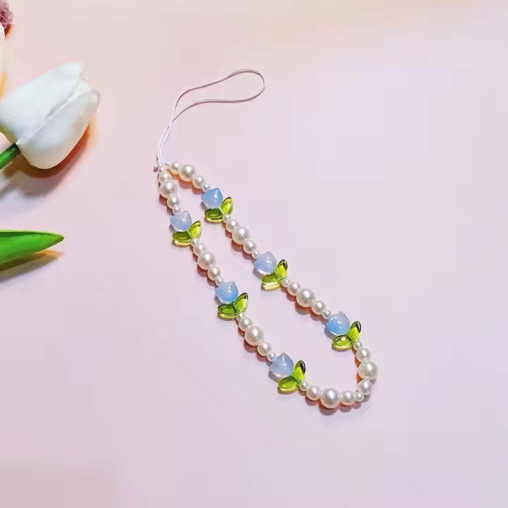Cuentas de perlas, cuentas de tulipán, correa para teléfono, flor de cristal, tulipán, cadena para teléfono móvil, flores dulces cortas, correa para teléfono móvil con cuentas - 1