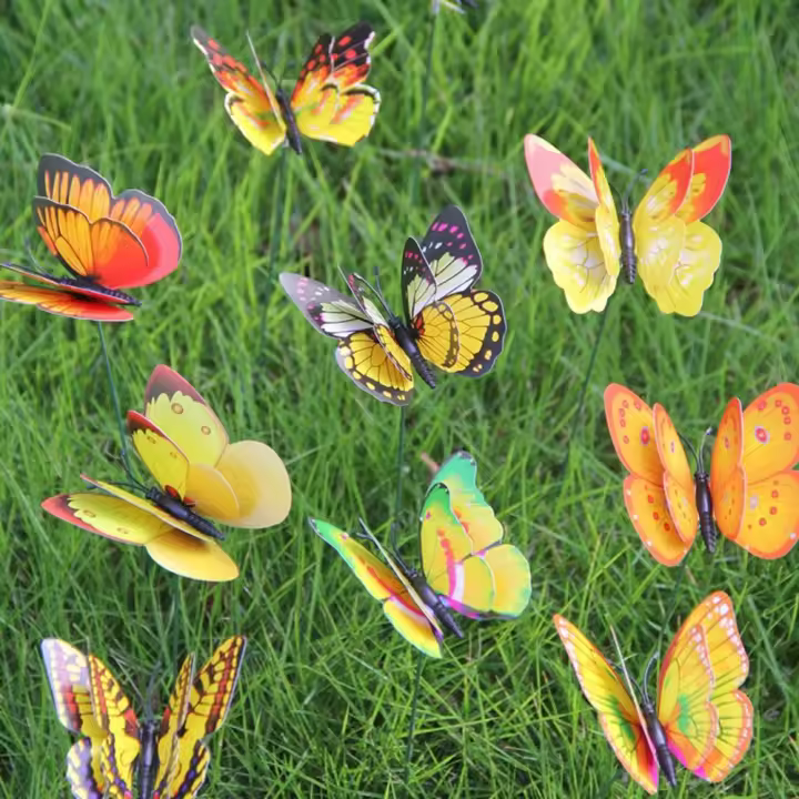 Mariposa de simulación multicolor con varillas para decoración de jardín, mariposas de doble capa vívidas, flores, bricolaje, 10 piezas, 8cm - 1