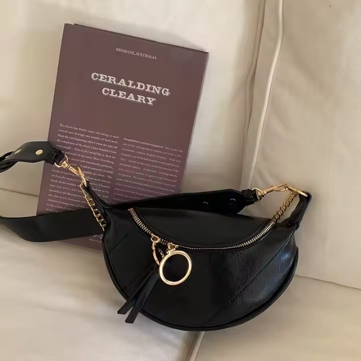Bolso Cruzado de Cuero Falsio Elegante Correa de Cadena Chic, Diseño Sólido, Cierre de Cremallera, Perfecto para Uso Diario, Viajes y Actividades al Aire Libre - 1