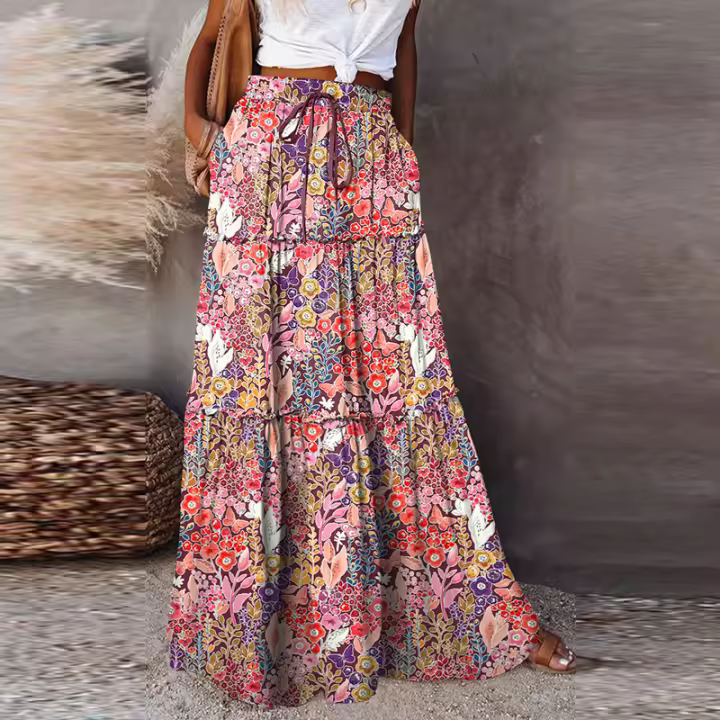 Falda larga informal con estampado floral multicolor, bohemia - 1
