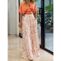 Women casual 2 pieces set elegant v neck short sleeve tops and print wide leg pants - details 5