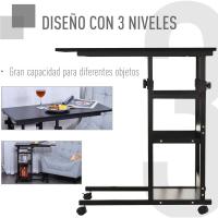 Mesa Auxiliar con Ruedas 80x40 cm Mesa para Sofá en Forma de C con Altura Ajustable 3 Niveles de 72-82 cm Marco de Metal para Salón Cocina Negro - details 4