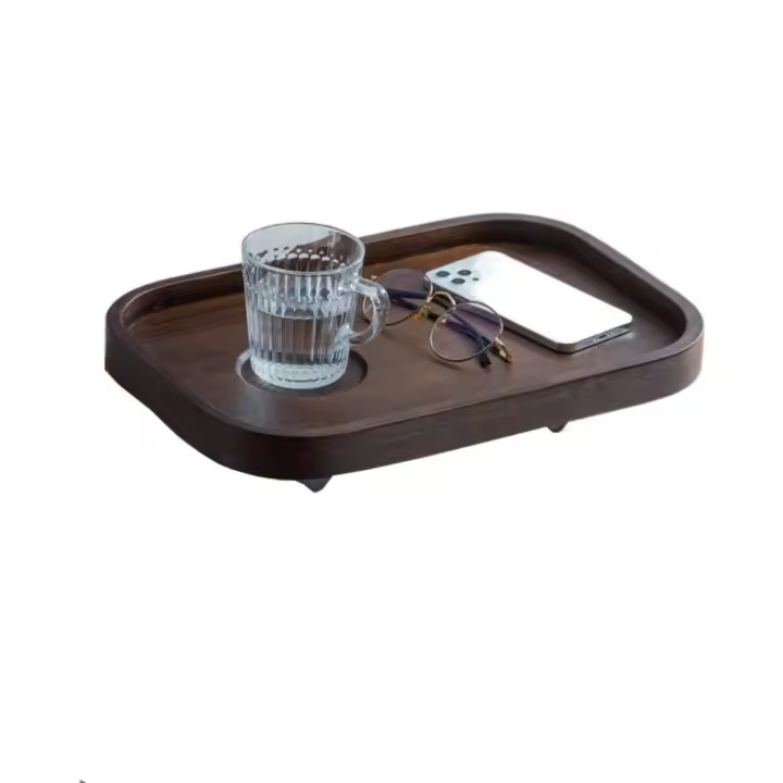 Abrazadera en estante de cabecera de bambú, mesa auxiliar pequeña ajustable antideslizante, borde elevado con portavasos, bandeja lateral para bañera - 1