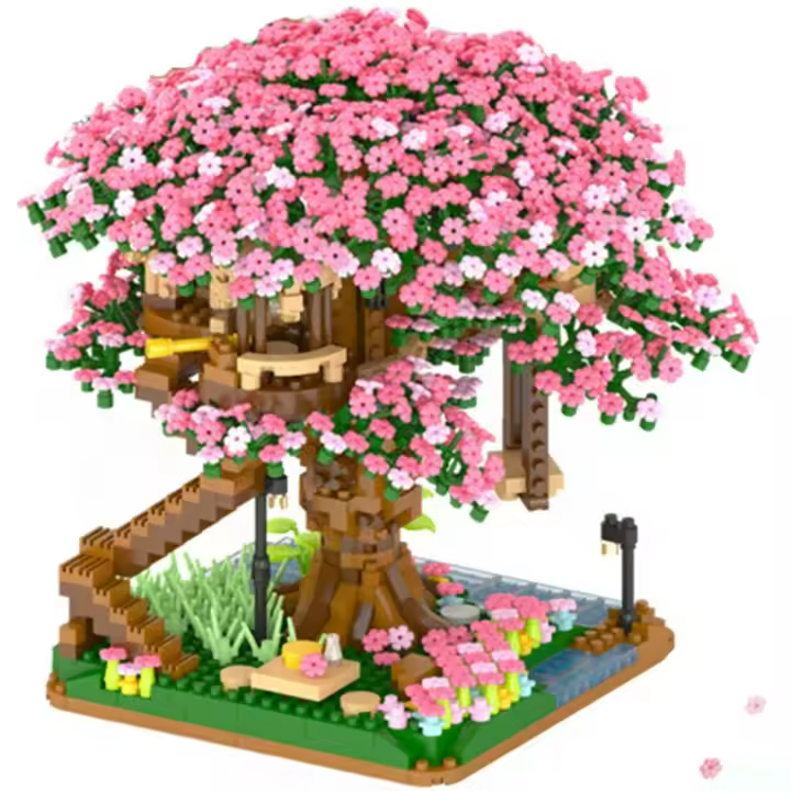 Bloques de construcción para niños, casa del árbol, juguete de ladrillos, tren, flor de cerezo, color rosa, modelo - 1