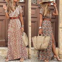 Vestido bohemio de verano para mujer, talla grande con abertura, traje elegante, manga corta, cinturón en la cintura, 2025 - details 2