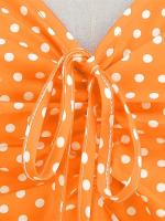 Elegant vintage dot print women summer puff short sleeve v neck casual a-line midi party dress - details 4