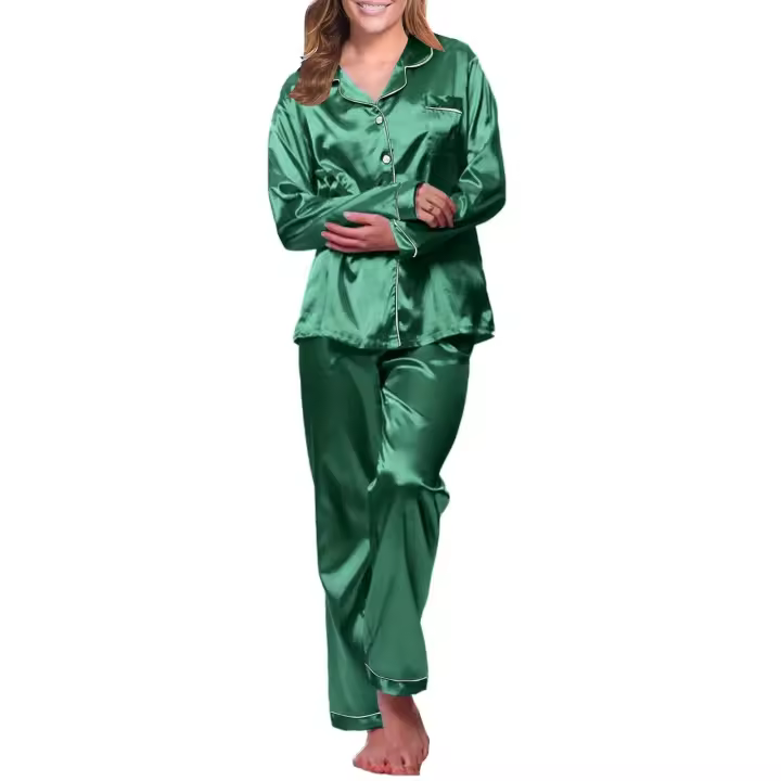 Pijama básico de satén de seda para mujer, camisa de tres piezas de dos piezas con botones y conjunto de cuello de manga larga + pantalón, pijama de otoño - 1