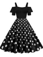Vestido de fiesta Vintage elegante con hombros descubiertos, vestidos Midi de verano con lunares y volantes para mujer - details 15