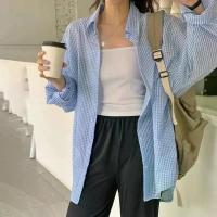Camisa coreana para mujer, camisa de manga larga con protección solar, holgada, informal, de un solo pecho, con cuello vuelto a cuadros, de verano - details 1