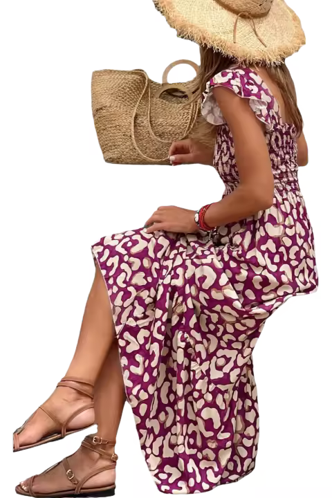 Elrachen Vestido largo de cintura alta con tirantes y volantes de leopardo rosa para mujer, rosa, tallas S-XL - 1