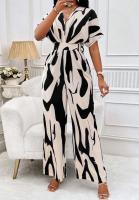 Mono con estampado de cuello en V para mujer, pantalones de pierna ancha informales, manga de murciélago, trajes de una pieza - details 6