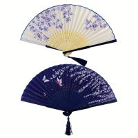 2 abanicos de mano plegables elegantes con marcos de bambú: diseños florales y de mariposas en azul, morado y amarillo, perfectos para baile, cosplay, bodas y accesorios de fiesta - details 0