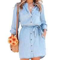 Vestido de mezclilla informal para mujer, Vestido corto de manga larga de Color sólido con solapa abotonada y cinturón - details 2