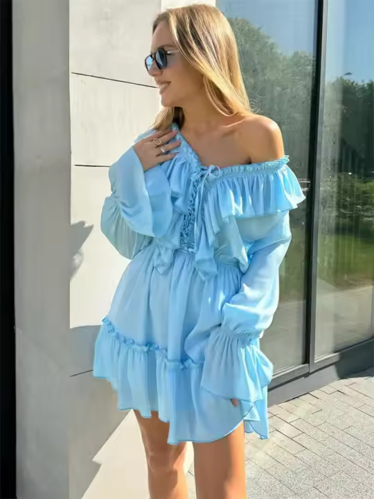 Mini vestido elegante con mangas largas de encaje, orificio en la cintura, corbata de moda para mujer - 1