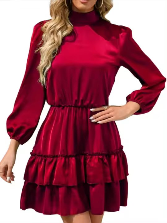 Elegante Vestido de Satén con Cinturón Rojo con Volantes Manga Larga, Elegante y Sensual para Mujeres - 1
